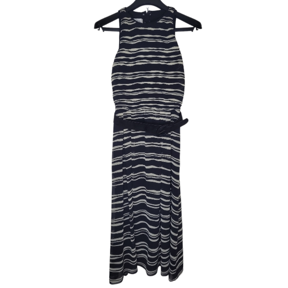 Vintage Gillian Cream and Black Striped Dress with Belt, Size 8